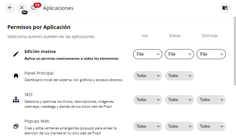 Listado de aplicaciones con opciones de permisos para el usuario.