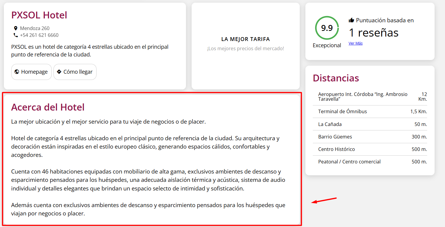Opciones de visibilidad para Acerca del hotel