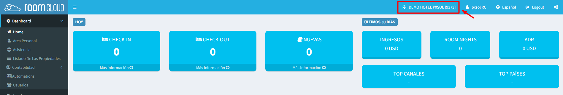 Ejemplo visual de un ID de hotel en RoomCloud