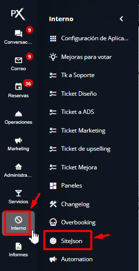 Captura de pantalla del Hub Interno mostrando la sección SiteJson