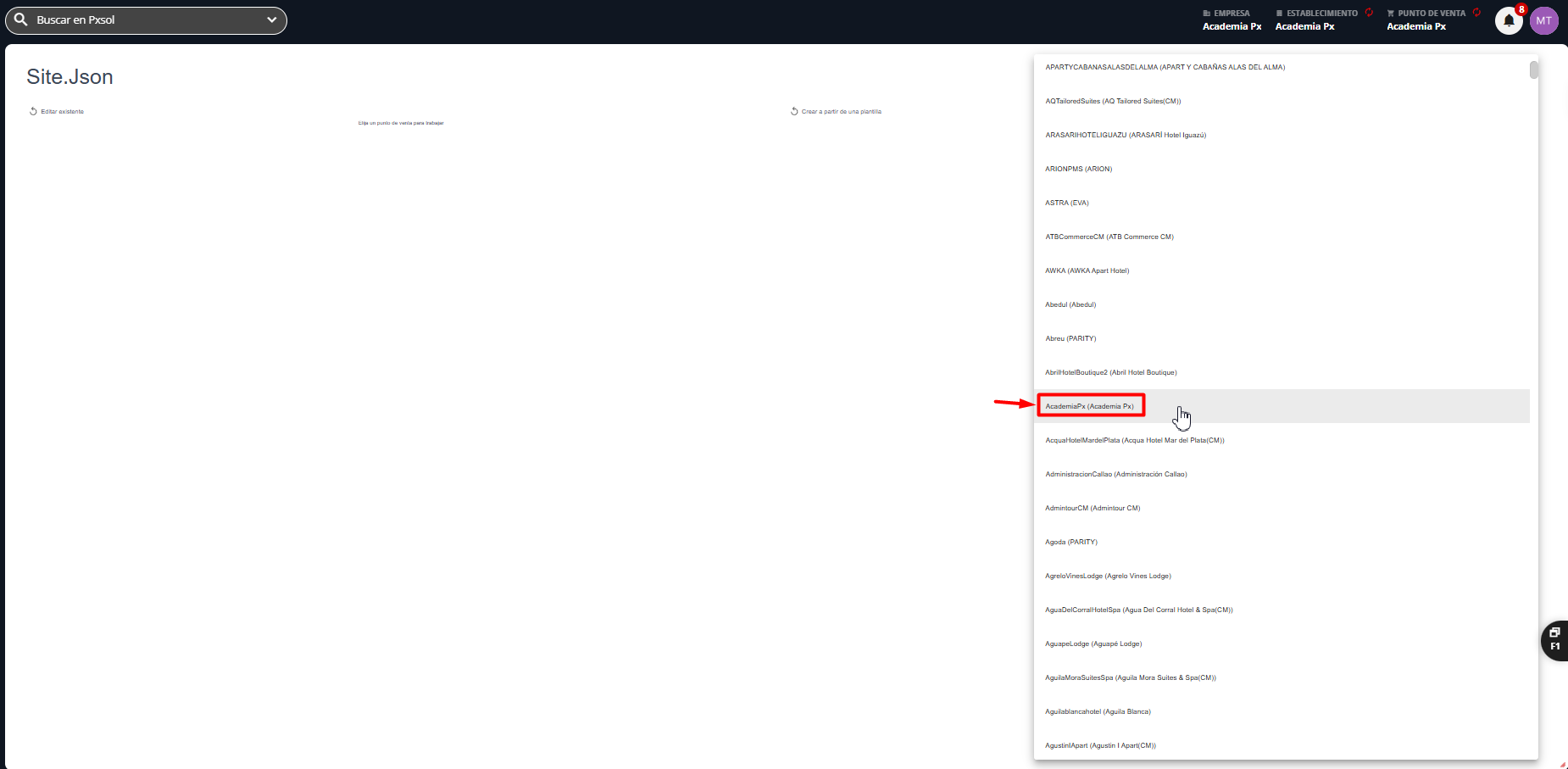 Ejemplo de selección de un punto de venta asociado al hotel