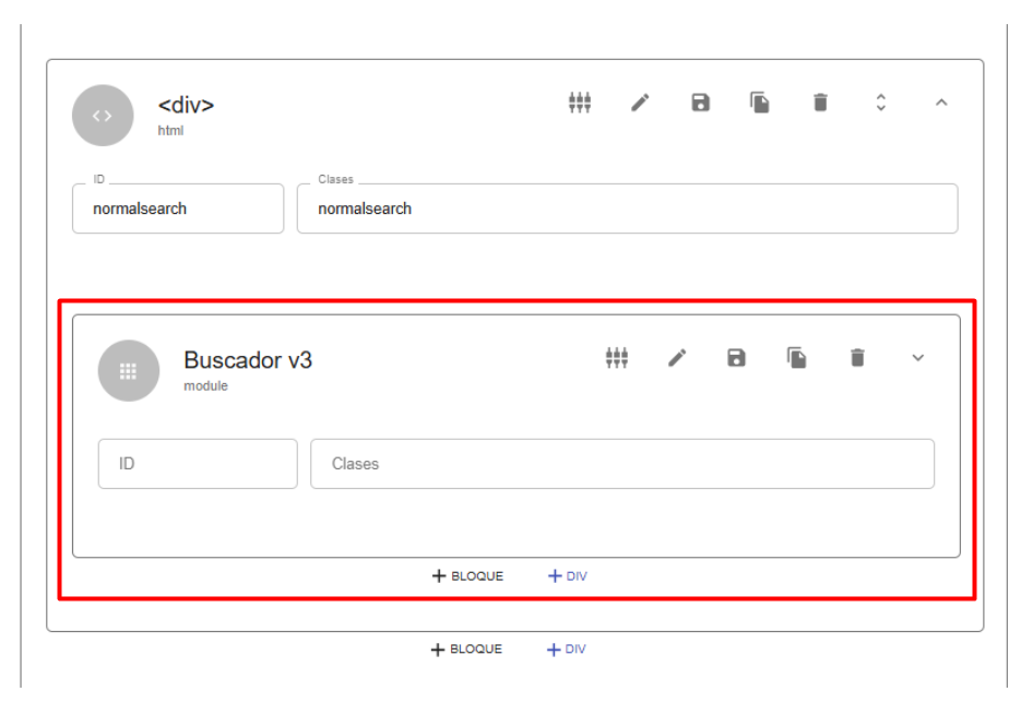 Captura de pantalla mostrando el módulo Buscador V3