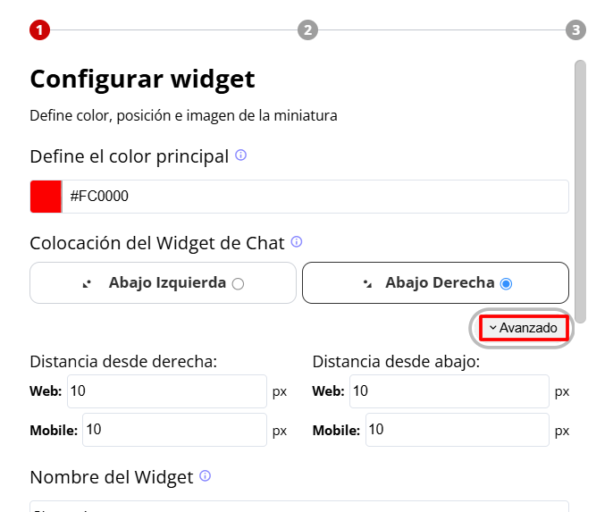 Captura de pantalla de la sección Avanzado para configurar la posición del widget