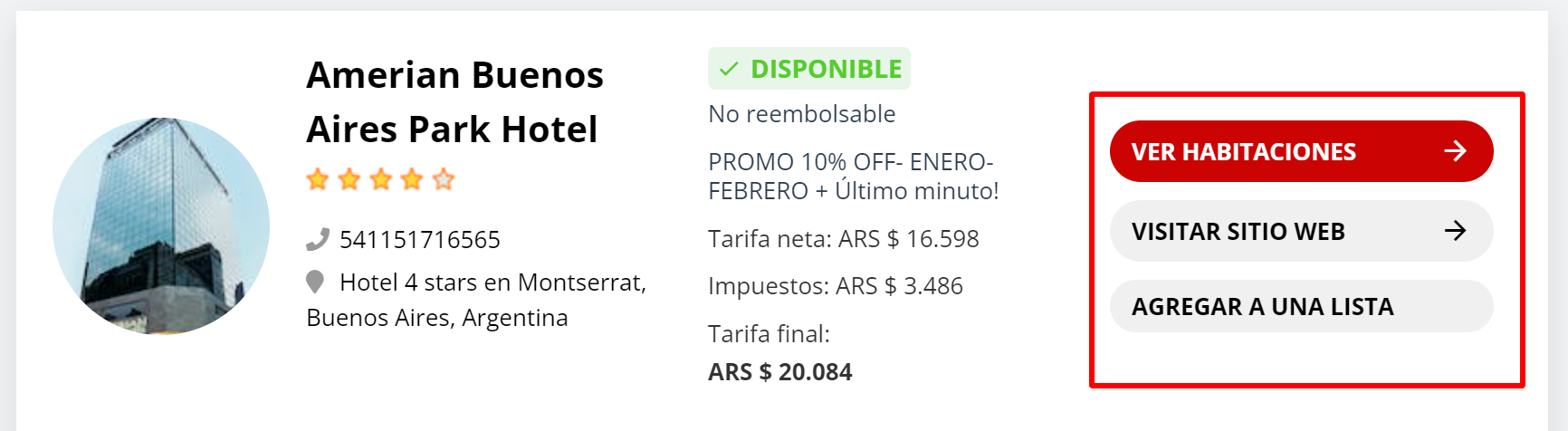 Acciones disponibles en los resultados de búsqueda