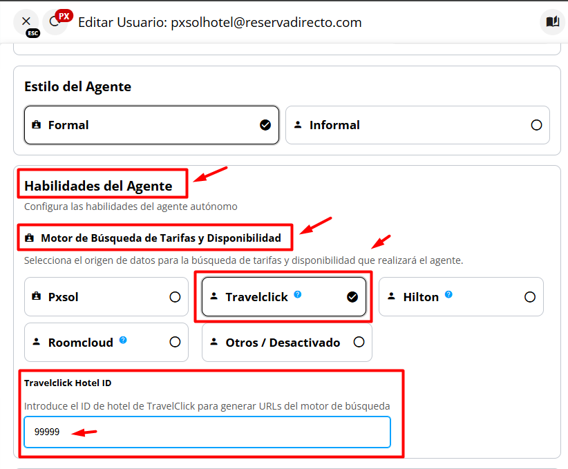Captura de pantalla mostrando la configuración del motor de búsqueda de tarifas y disponibilidad.