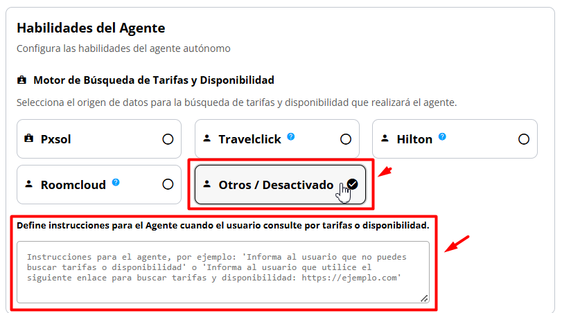 Captura de pantalla mostrando la opción 'Otros / Desactivado' y el campo para instrucciones adicionales.