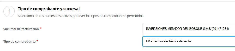 Selección de sucursal y tipo de comprobante
