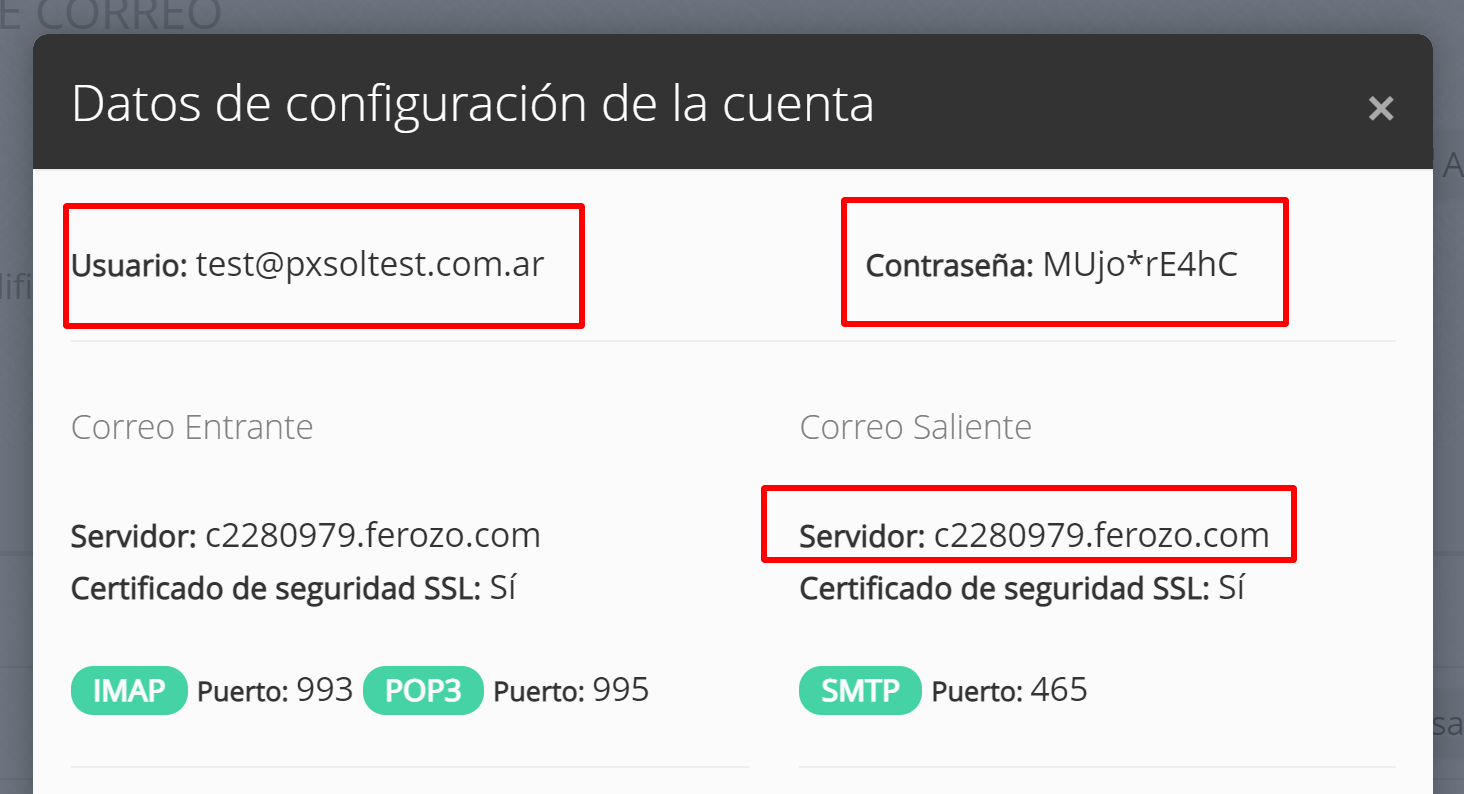 Datos de usuario, contraseña y servidor