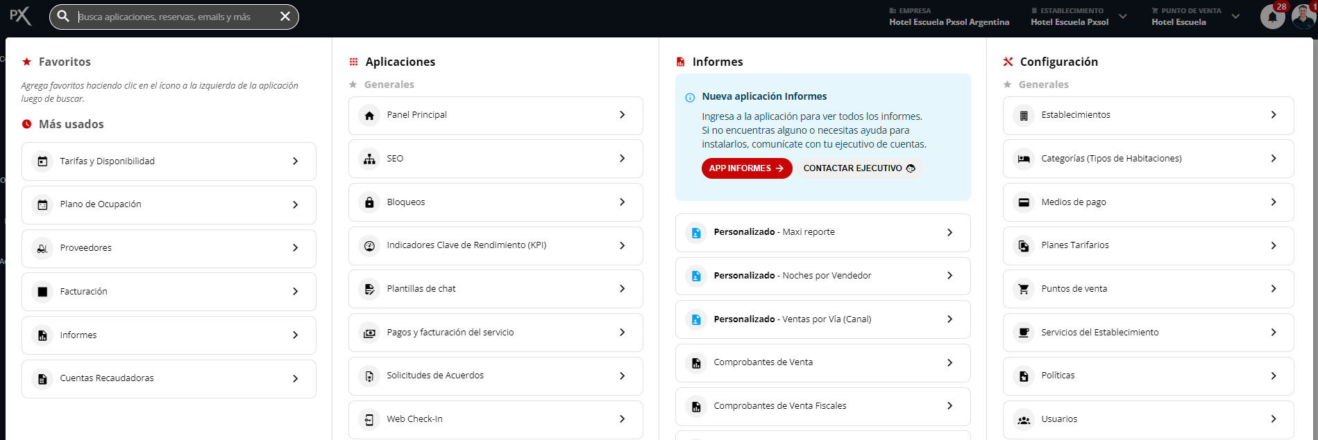 Menú de opciones de búsqueda desplegado