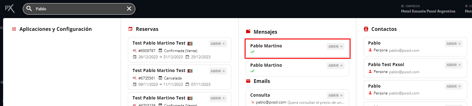 Resultados de búsqueda de mensajes