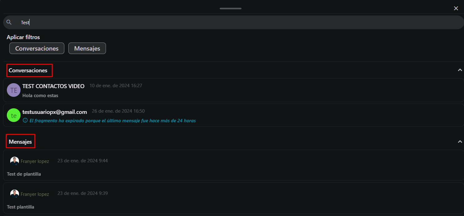 Resultados de búsqueda en Conversaciones, mostrando conversaciones y mensajes