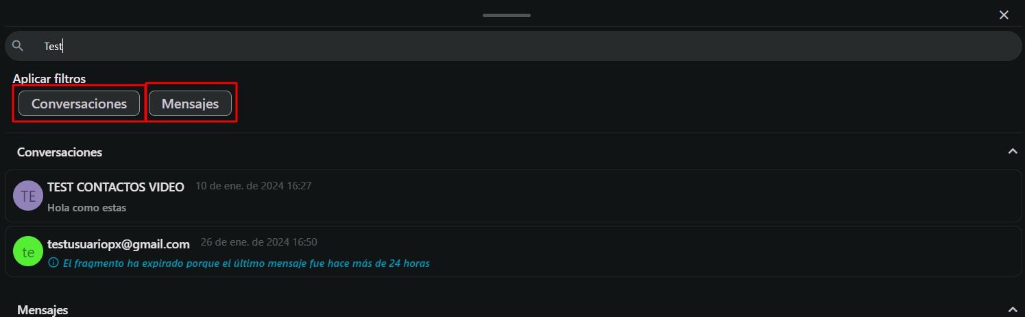 Opciones de filtrado de búsqueda