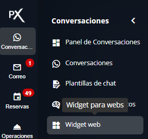 Captura de pantalla: Menú principal de Conversaciones, resaltando la aplicación Widget web.