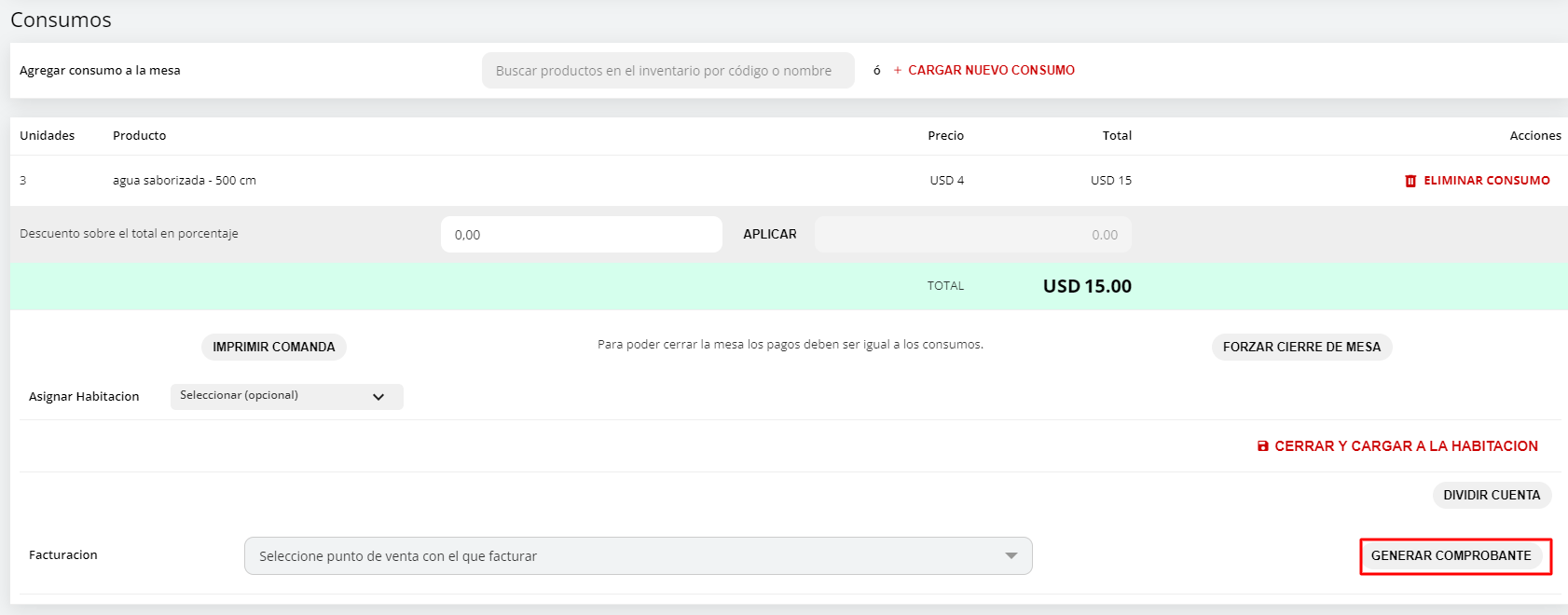 Opciones de mesa con 'Generar Comprobante'