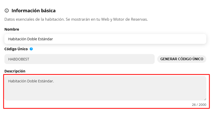 Tarjeta Información básica - Descripción de la habitación