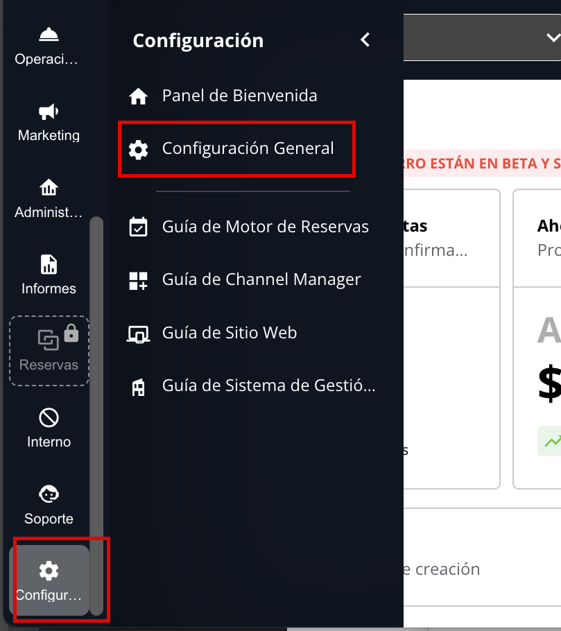 Captura de pantalla del menú Configuración General