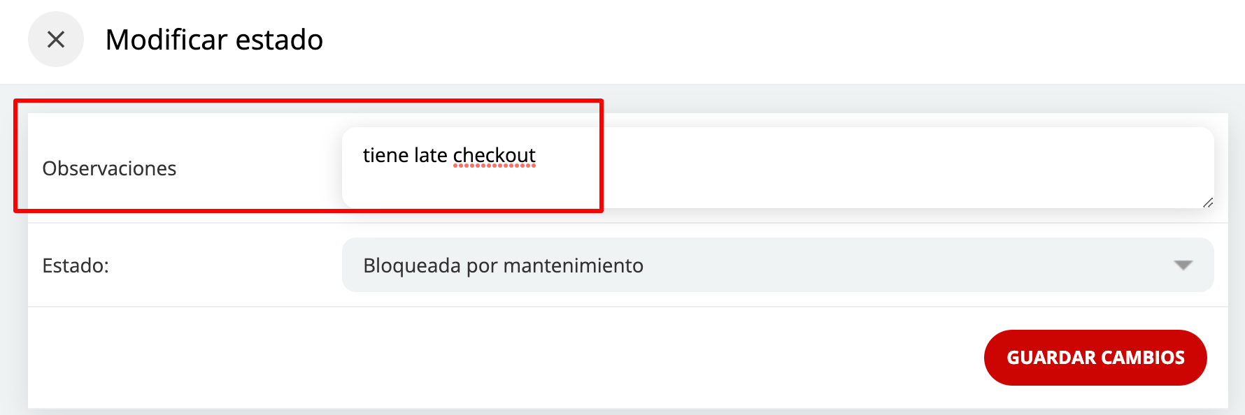 Campo Observaciones y botón Guardar Cambios