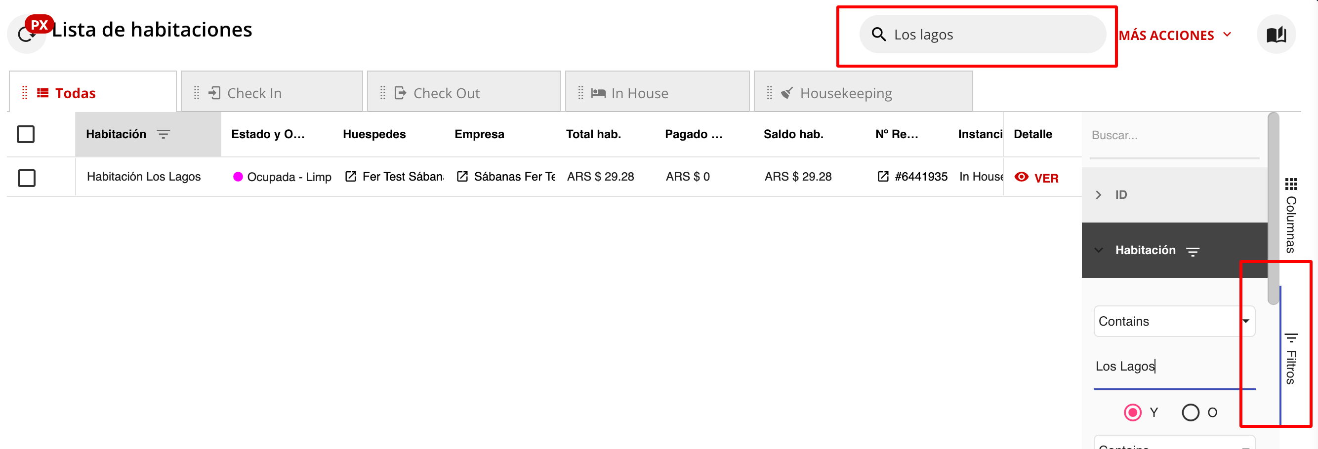 Listado de habitaciones con buscador y filtros