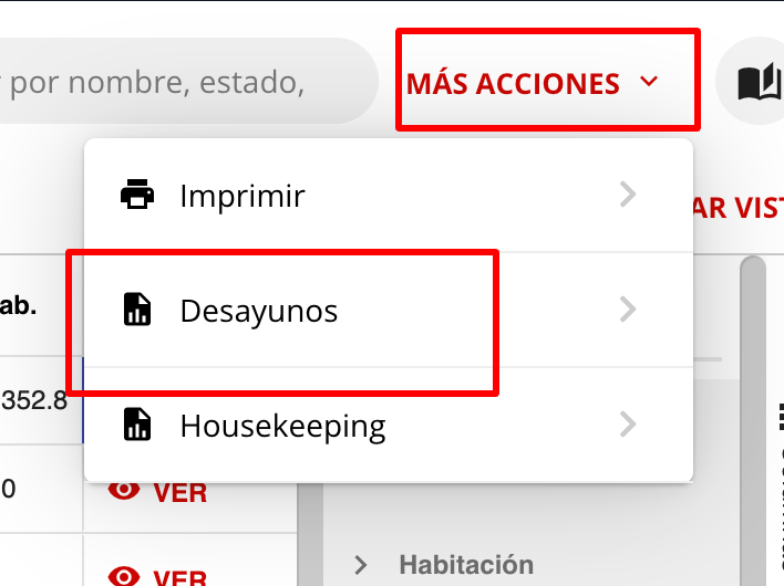 Captura de pantalla del menú de acciones con la opción Desayunos resaltada