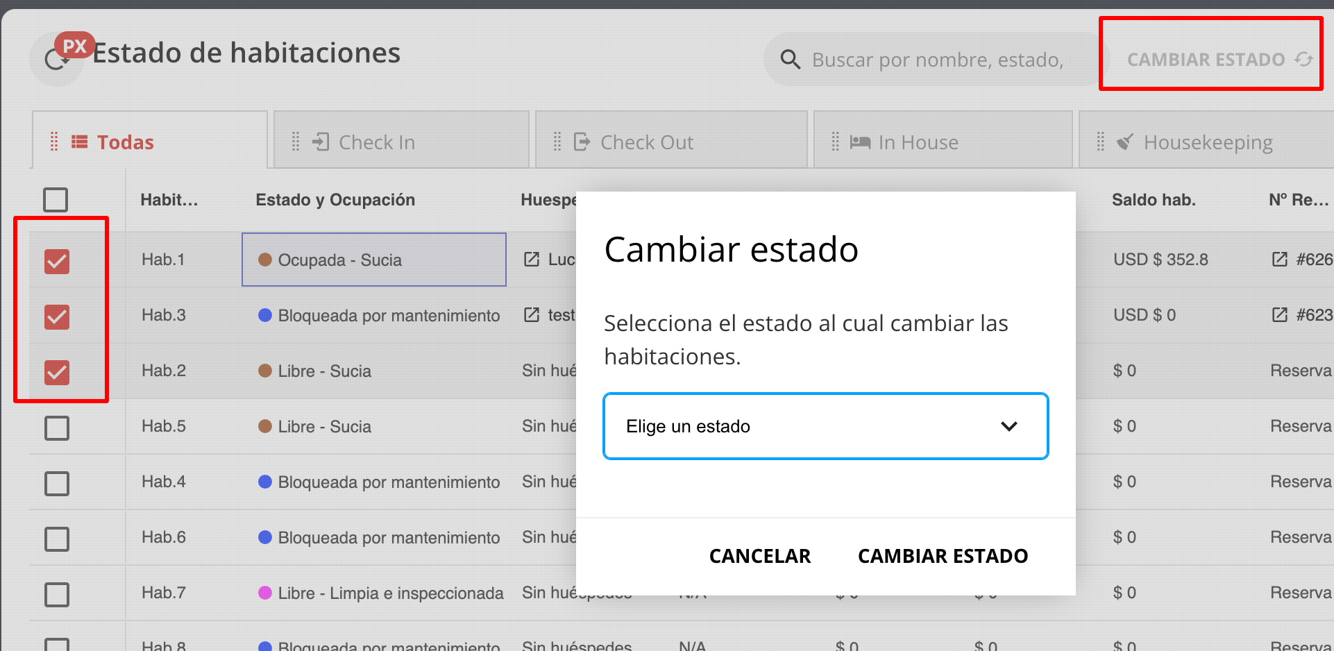 Cambio de estado masivo de habitaciones