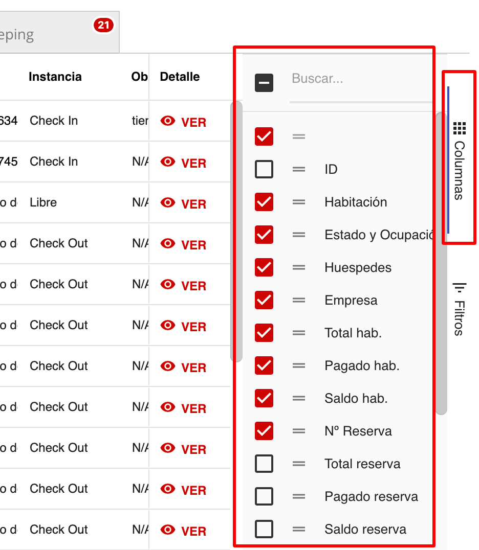 Menú lateral derecho para personalizar columnas