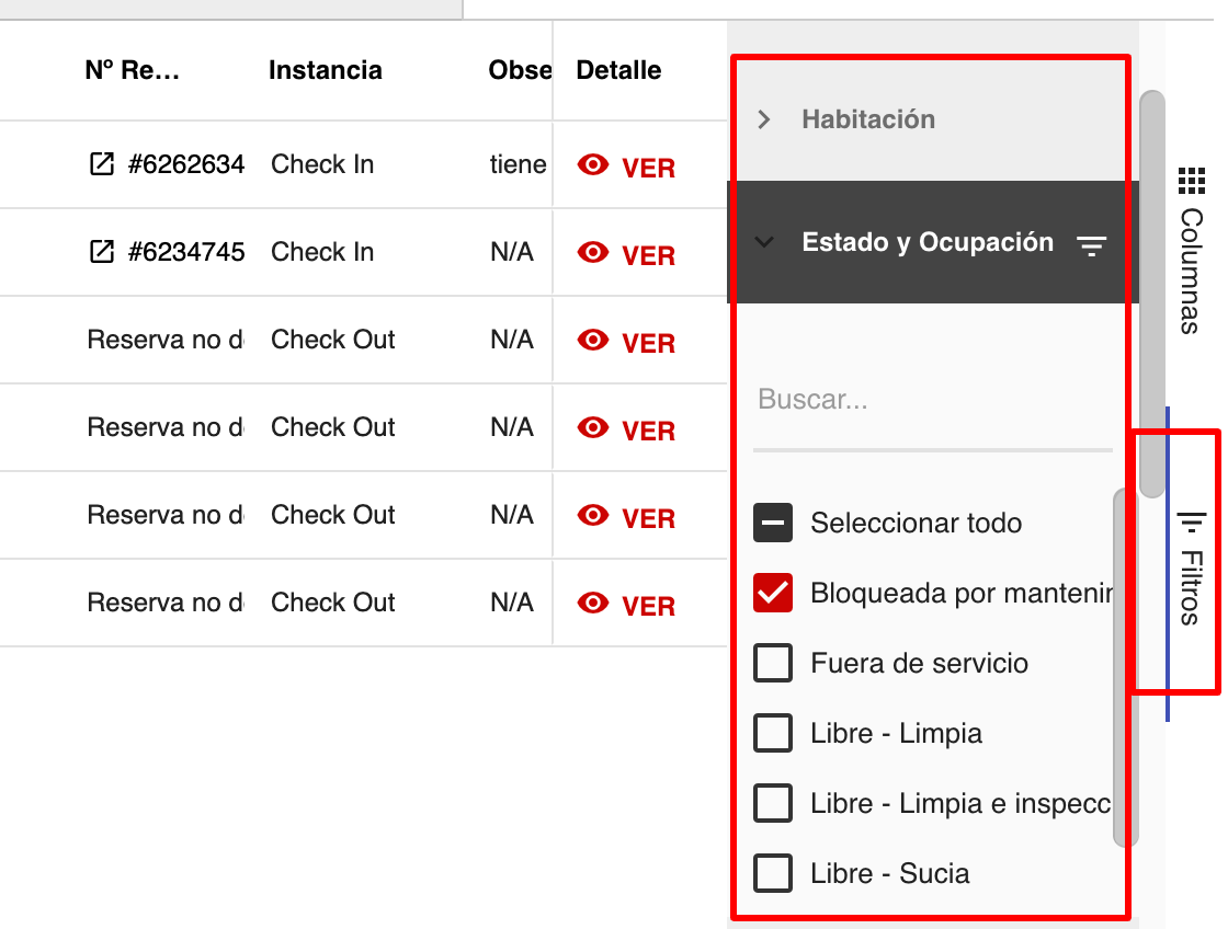 Menú lateral derecho para filtrar habitaciones