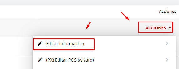 Menú de acciones para editar información.
