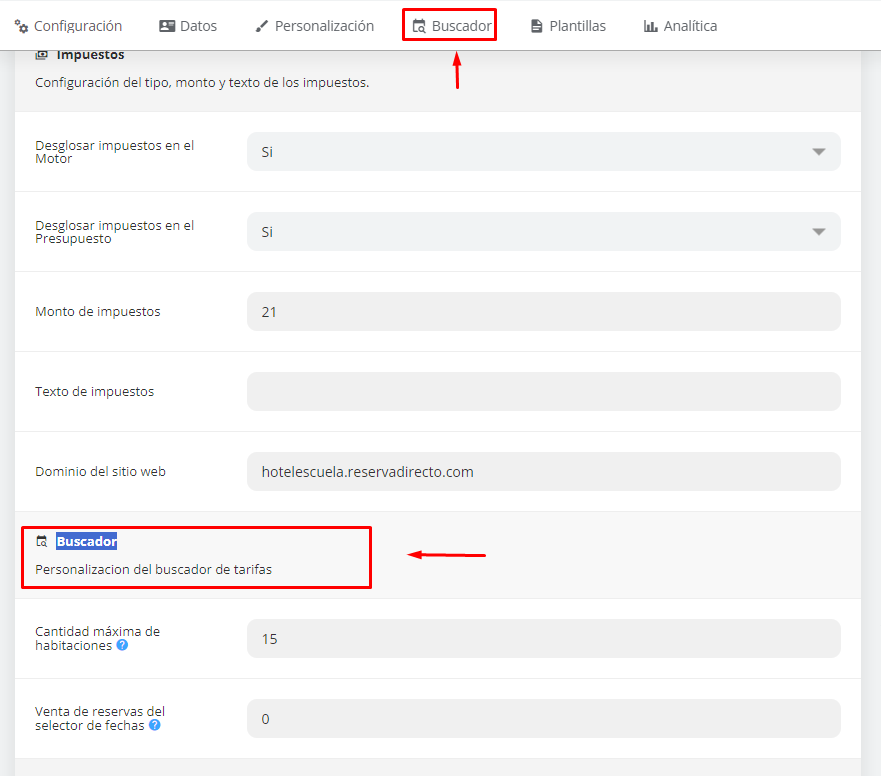Sección buscador en la configuración de la propiedad.