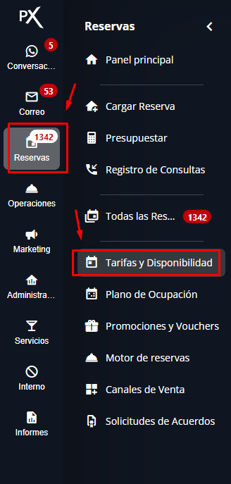 Captura de pantalla del menú lateral izquierdo con la opción de reservas.