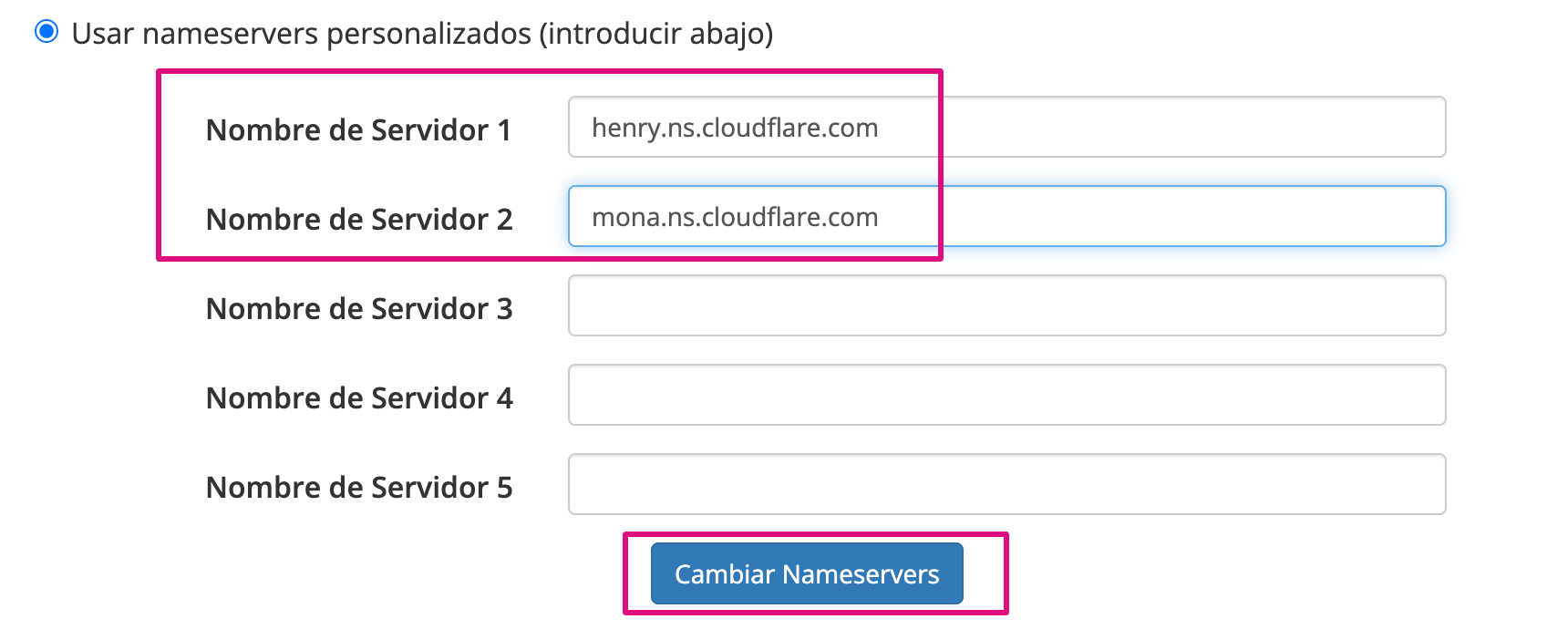 Captura de pantalla ingresando los nuevos nameservers