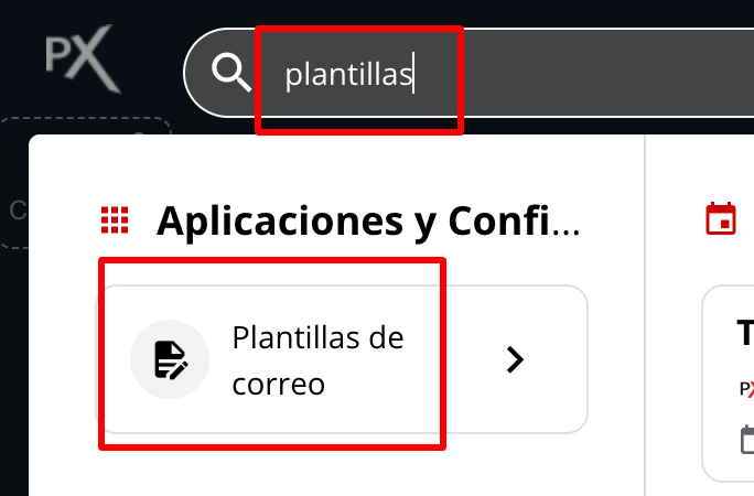 Captura de pantalla mostrando la búsqueda y selección de la aplicación Plantillas de Correo.