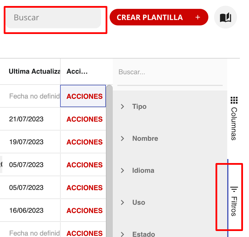 Captura de pantalla mostrando cómo buscar o filtrar plantillas en la aplicación.