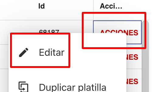 Captura de pantalla mostrando la plantilla duplicada y la opción 'Editar'.