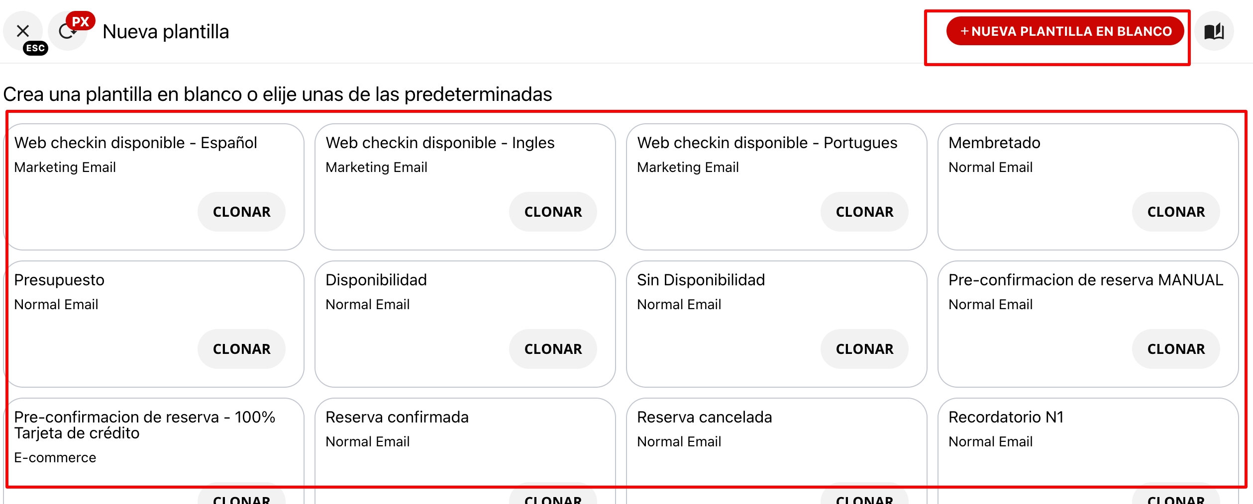 Opciones para seleccionar plantilla predeterminada o en blanco