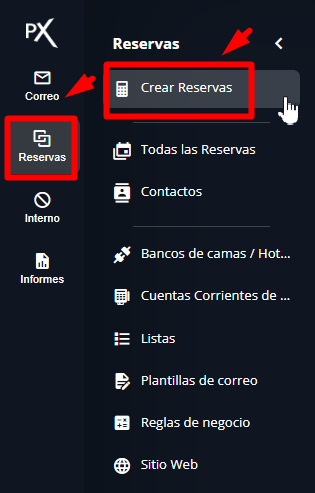 Acceso a Crear Reservas desde el menú lateral