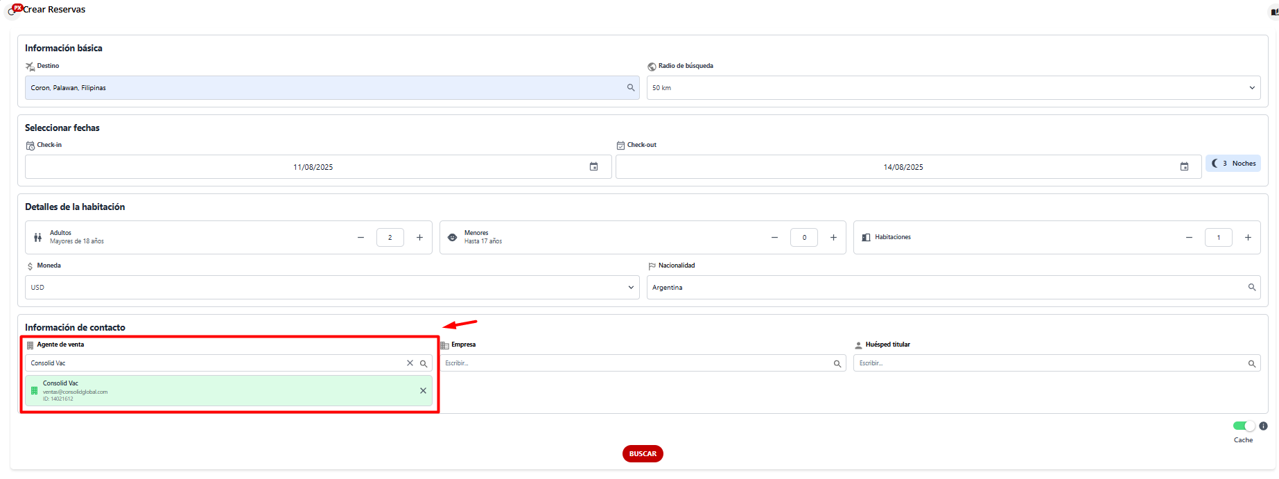 Ventana de simulación de búsqueda en Crear Reservas