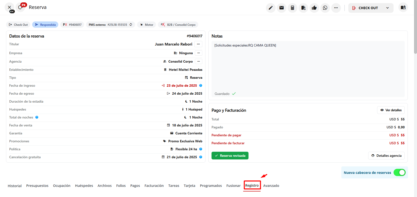 Captura de pantalla mostrando la pestaña Registro con la sección Reglas de Negocio resaltada.