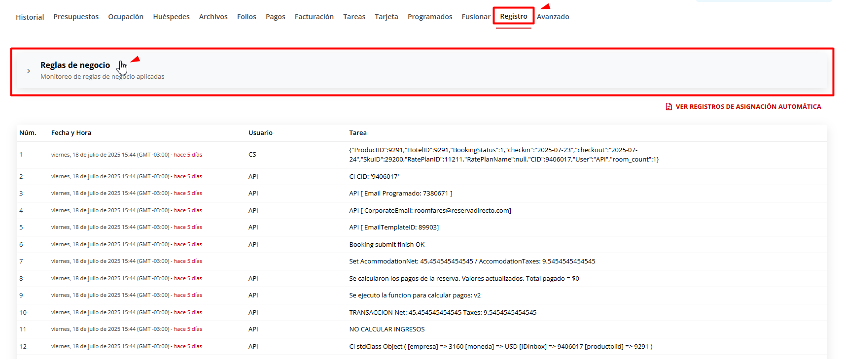 Captura de pantalla ampliada de la sección Reglas de Negocio.
