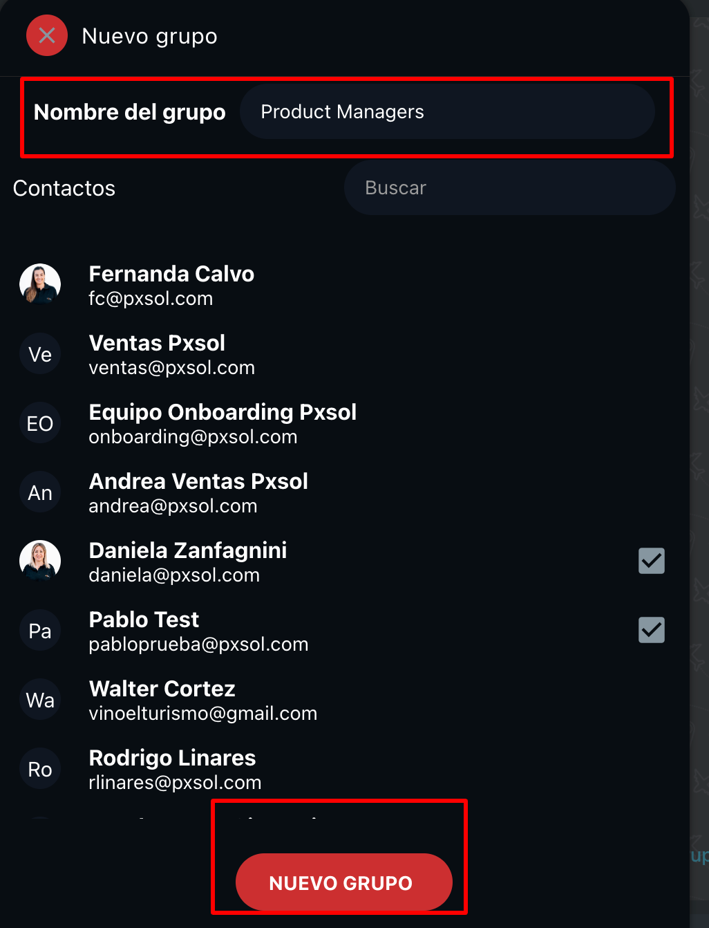 Ingresar nombre del grupo y confirmar creación