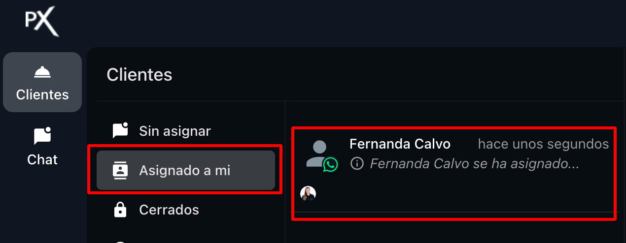 Visualización de la carpeta 'Asignado a mi' con chats asignados.