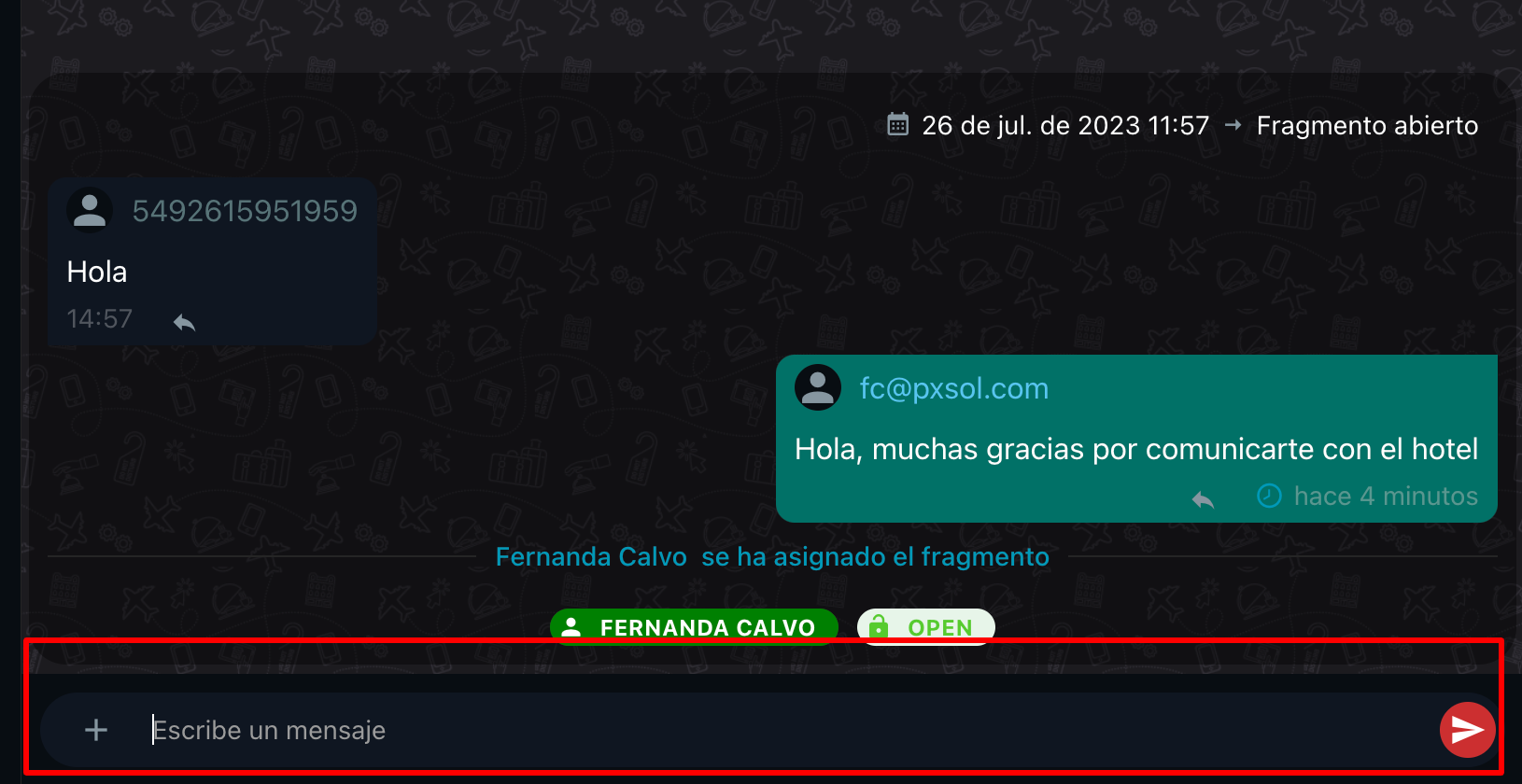 Captura de pantalla del cuadro de redacción del chat para responder al cliente