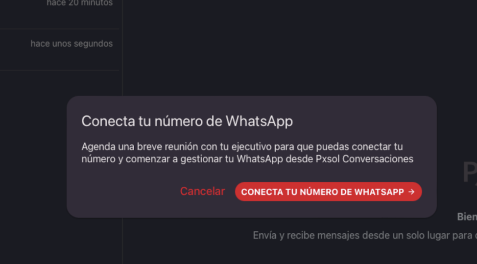 Popup con el botón Conecta tu número de Whatsapp resaltado.
