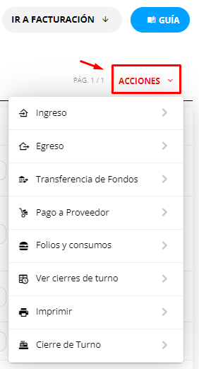 Botón de acciones en Caja Diaria