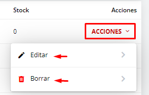 Opciones de acciones para un artículo: Editar y Borrar