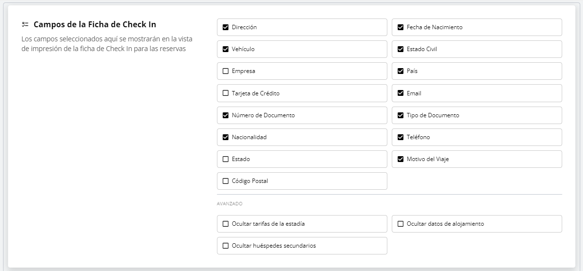 Configuración de ficha de check-in