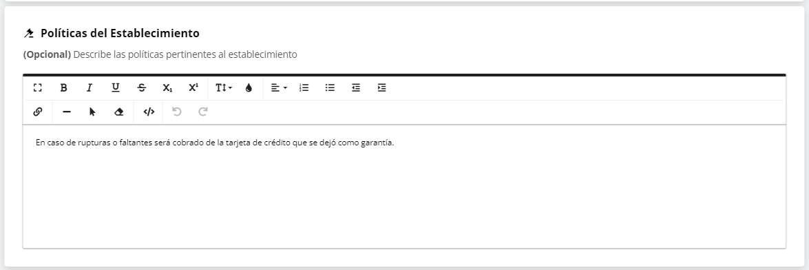 Inclusión de políticas del establecimiento en la ficha de check-in