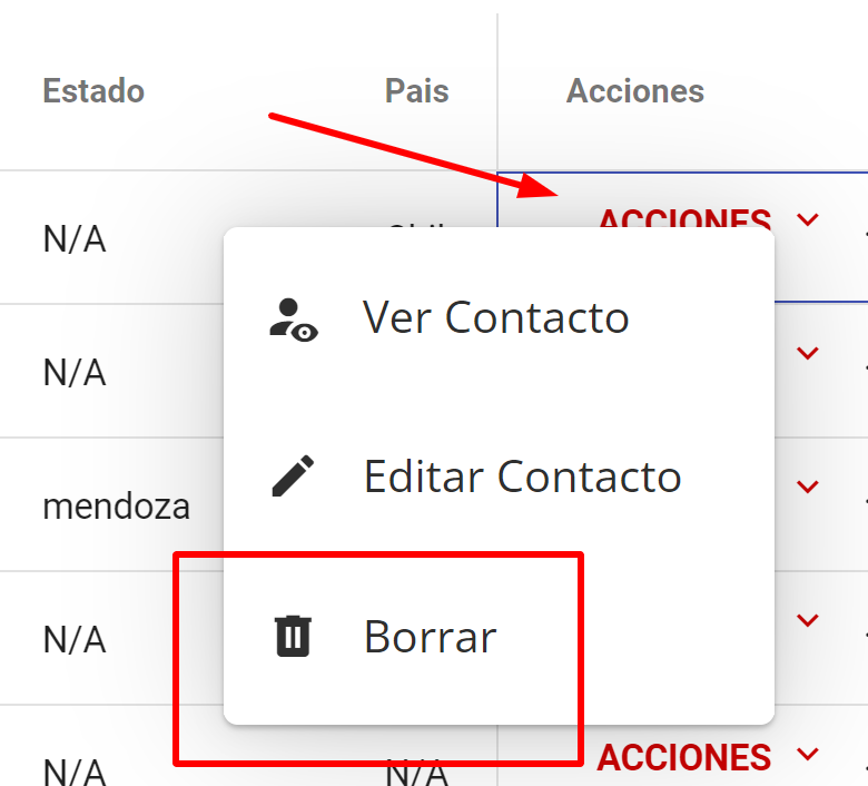 Captura de pantalla del menú de acciones y la opción Borrar