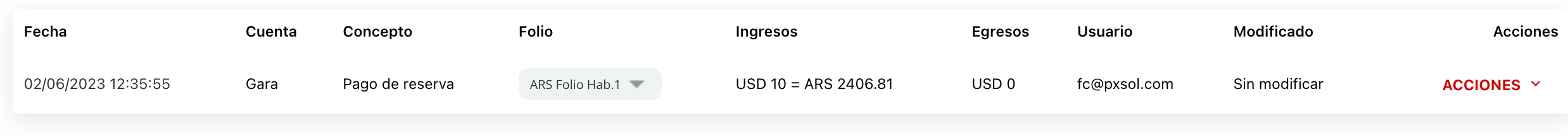 Movimiento registrado en Pagos