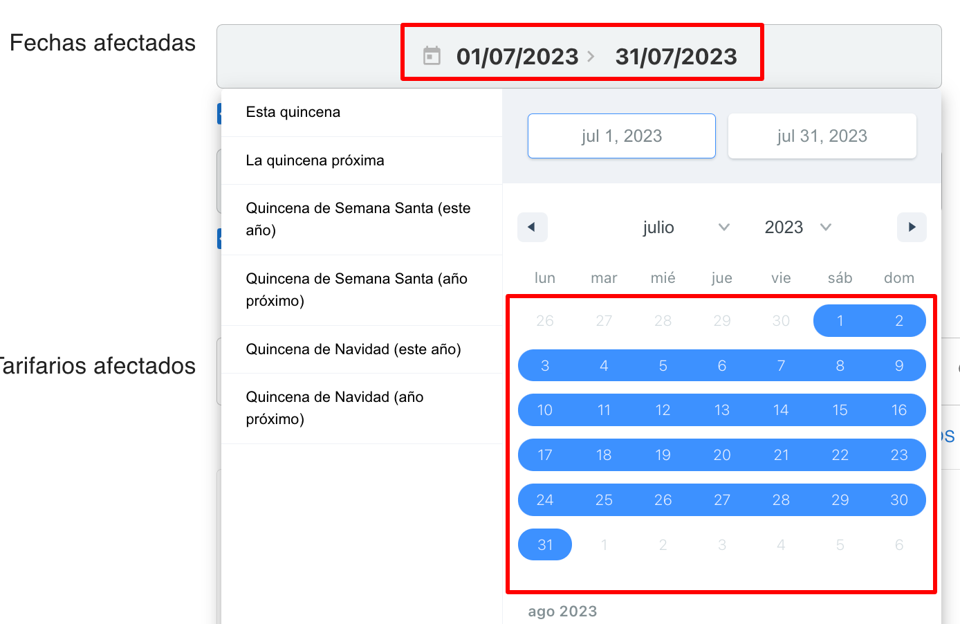 Selección de fechas en el calendario