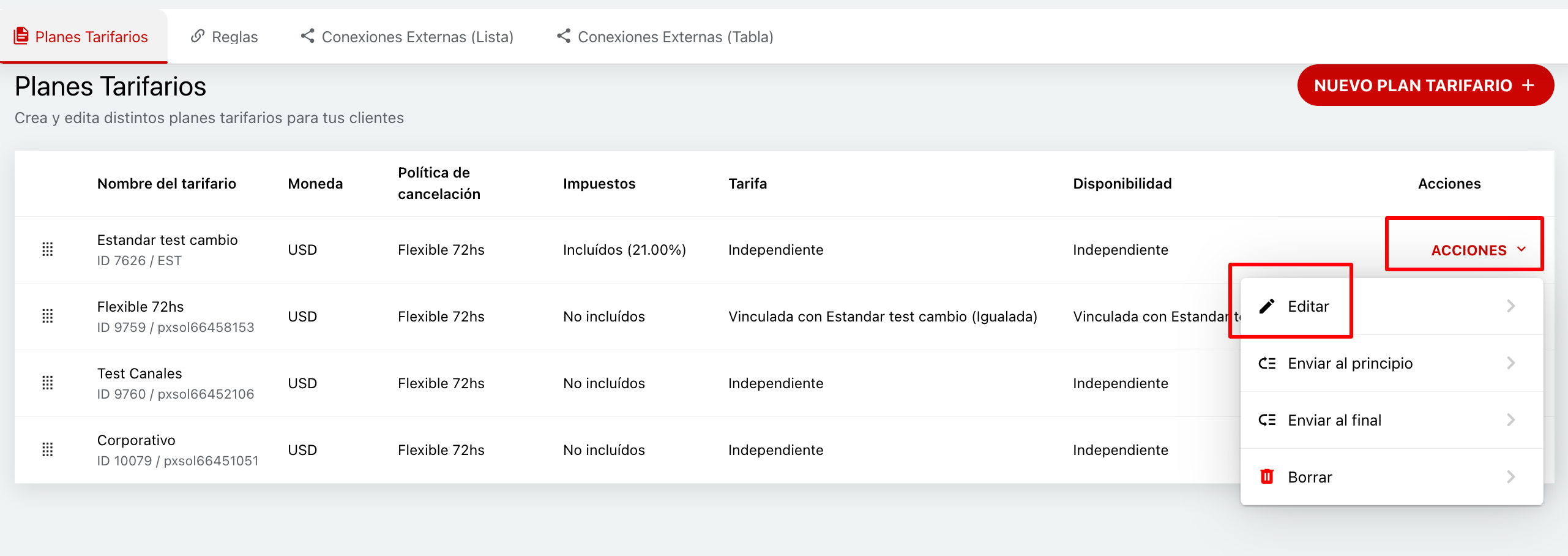 Seleccionar plan tarifario para editar